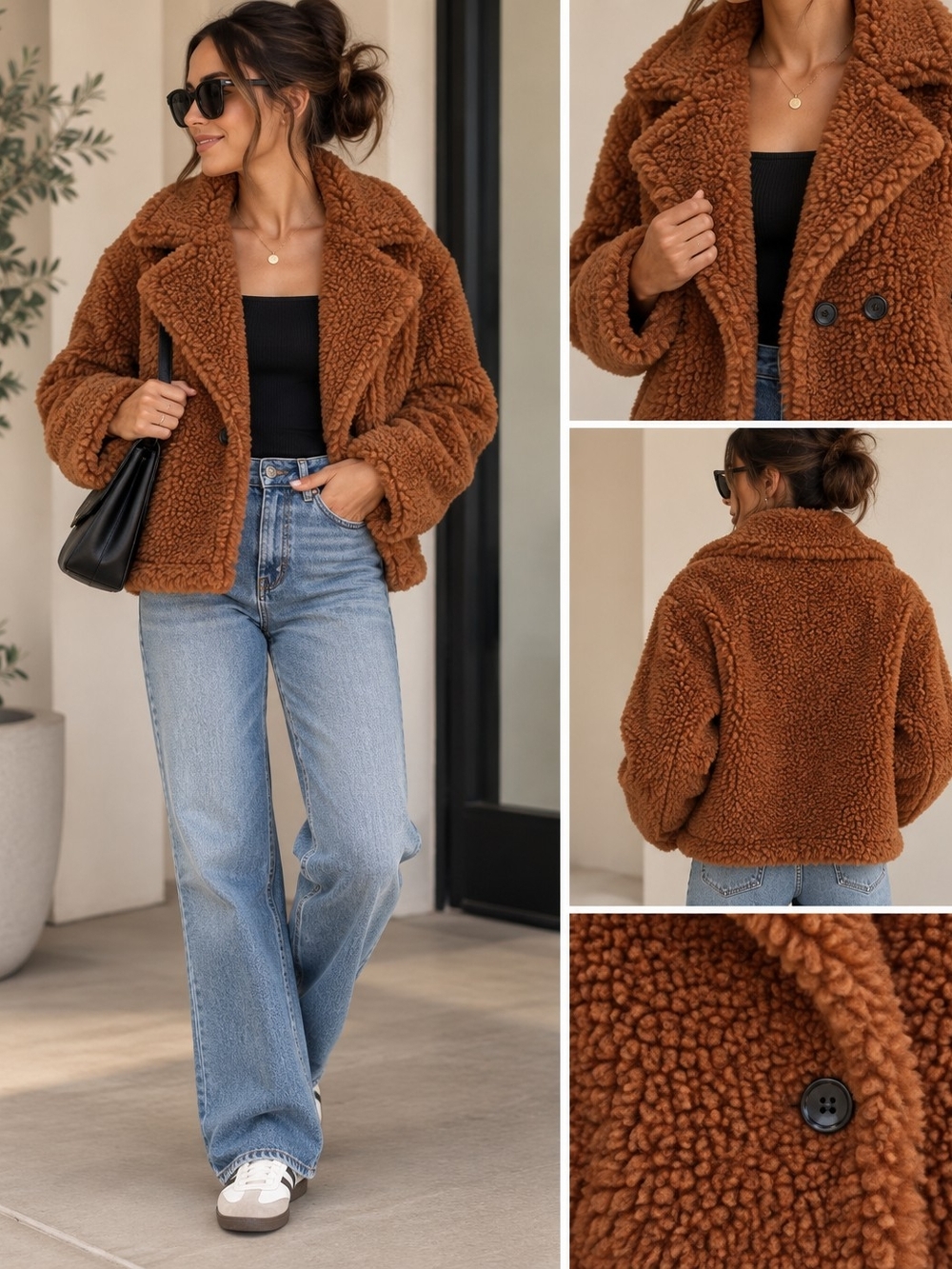 UGG Women's Chestnut Brown Teddy Coat - Double-Breasted Sherpa